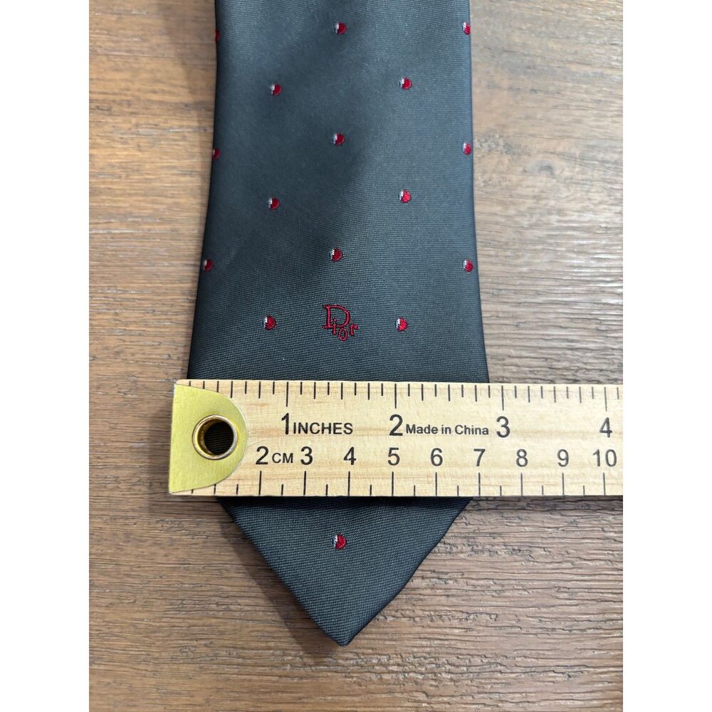 Vintage Christian Dior Monsieur Tie Charcoal Gray Red Pin Dot Silk Blend Italy - Picture 4 of 5